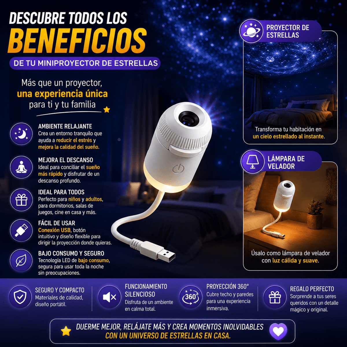 Mini proyector de estrellas USB 2 en 1